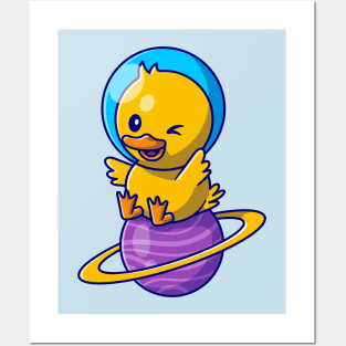 Cute Duck Astronaut Sitting On Planet Cartoon Posters and Art